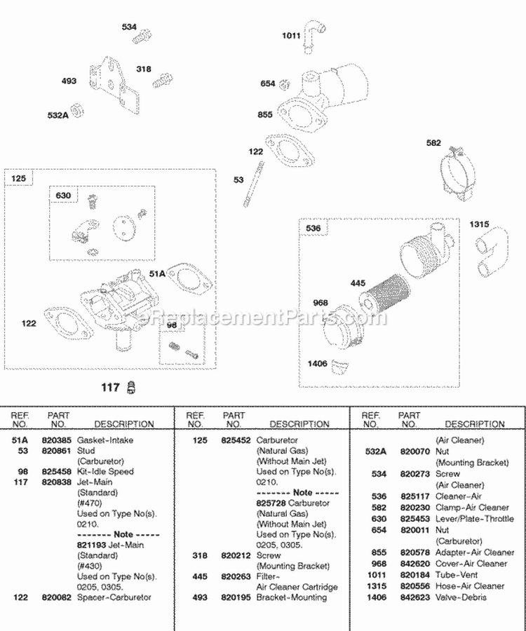 GaseousNatural Gas Mixer Air Cleaner Diagram and Parts List for 584447-0205-E2  Briggs and Stratton Engine